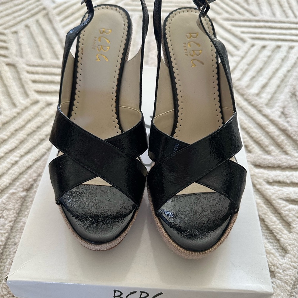 BCBG Black Patent Crisscross Slingback Wedge Sandals